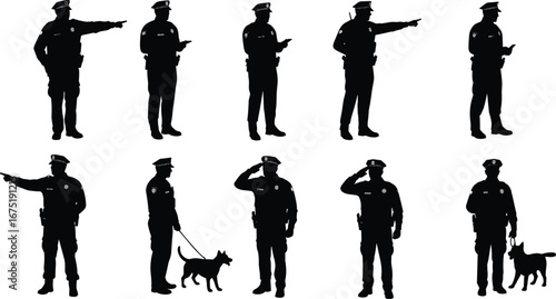 Police officer silhouette illustration, saluting cop, pointing officer, policeman with dog, law enforcement figure, security guard vector, duty pose design