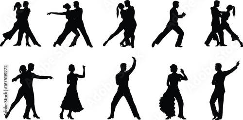 Silhouette dance couple vector illustration, ballroom tango salsa dancers, romantic man woman performance, elegant choreography art, stylish black isolated design collection