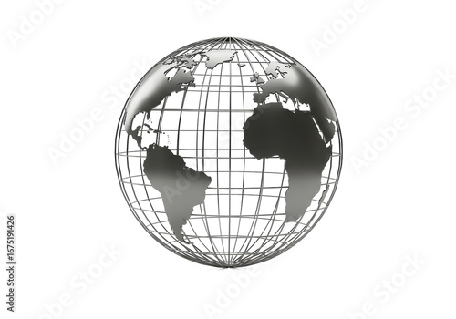 Isolated silver wire globe showing world map, Americas and Africa continents visible