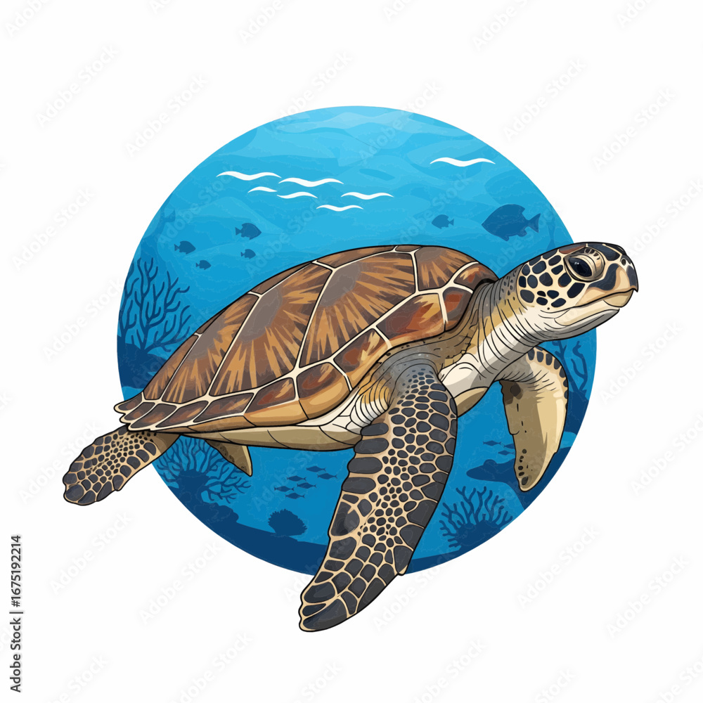 Obraz premium Sea turtle illustration with ocean habitat in circle background