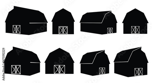 Collection of black silhouettes of different barn styles and shapes