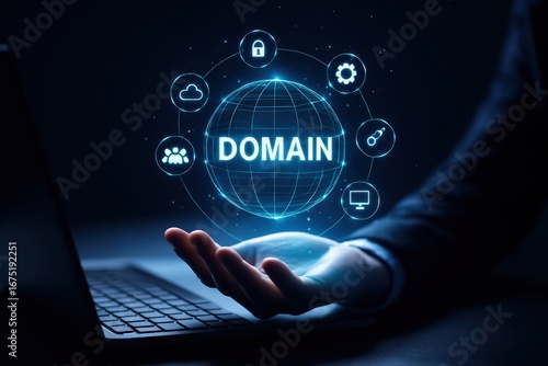 A hand holds a digital representation of a domain, surrounded by various technology icons, highlighting the concept of online presence.