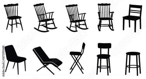 Collection of various chairs and rocking chairs in simple silhouette style