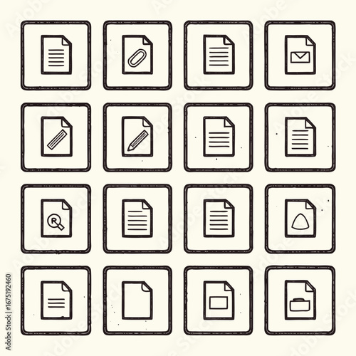 Hand Drawn Style Document Icon Set with File Attachments Email and Search Symbols Representing Digital Paperwork and Data Management