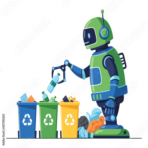 Modern Artificial Intelligence Android Robot with Recycling Symbol for Green Technology and Environmental Sustainability Concept