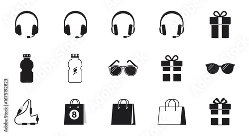 Collection of various shopping and accessory icons in black and white