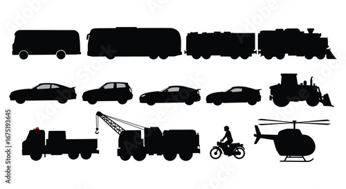 Various vehicles and transportation modes in silhouette