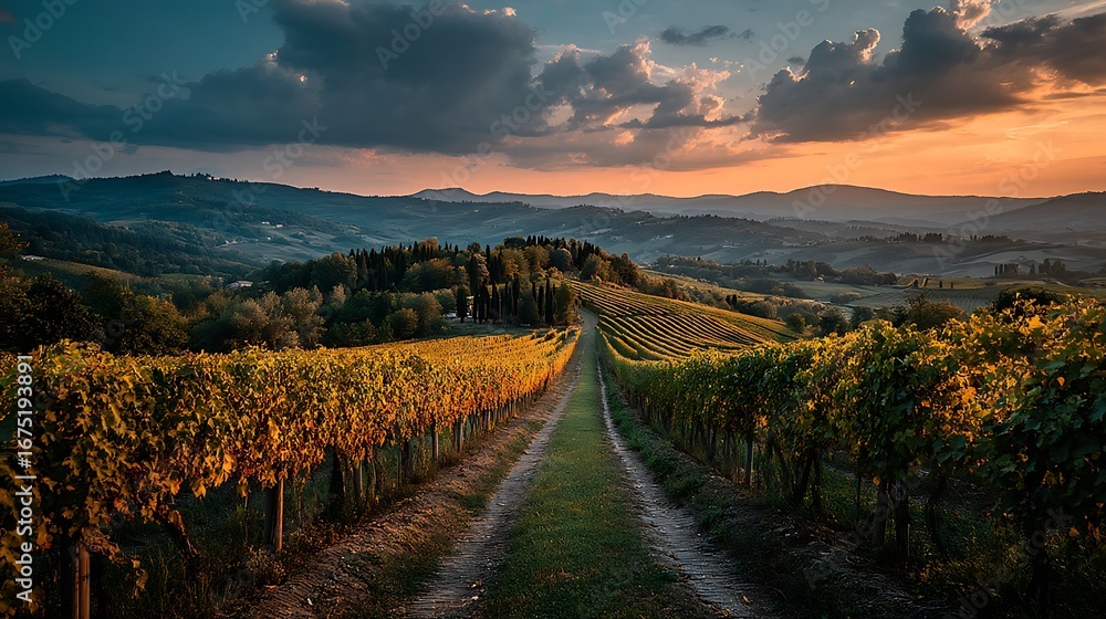 Naklejka premium Expansive vineyard field under warm sunset sky with wide open horizon, rows of green grapevines in farmland, serene countryside background with empty space above.
