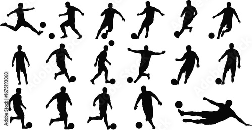 Wallpaper Mural Silhouettes of male soccer players in action kicking, dribbling, running, sliding with ball, football athletes, dynamic sports poses, isolated on white background Torontodigital.ca