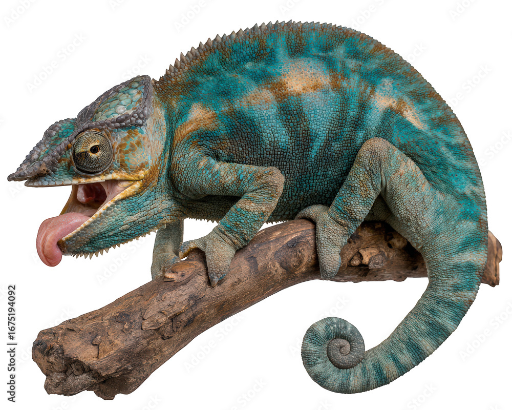Obraz premium Colorful chameleon with vibrant blue and green scales, curled tail, and expressive face perched on natural wooden branch, displaying humorous and lively mood