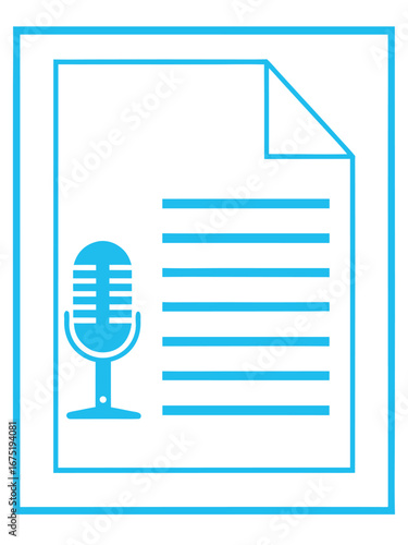 Podcast script icon with microphone and text lines for audio content creation vector concept illustration in light blue color scheme