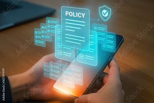 A person holds a smartphone displaying a holographic projection of numerous policy documents with check marks.