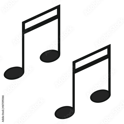 Two eighth notes in black isolated on a white background symbolizing music and melody and rhythm for musicians and artists creating harmonious soundscapes