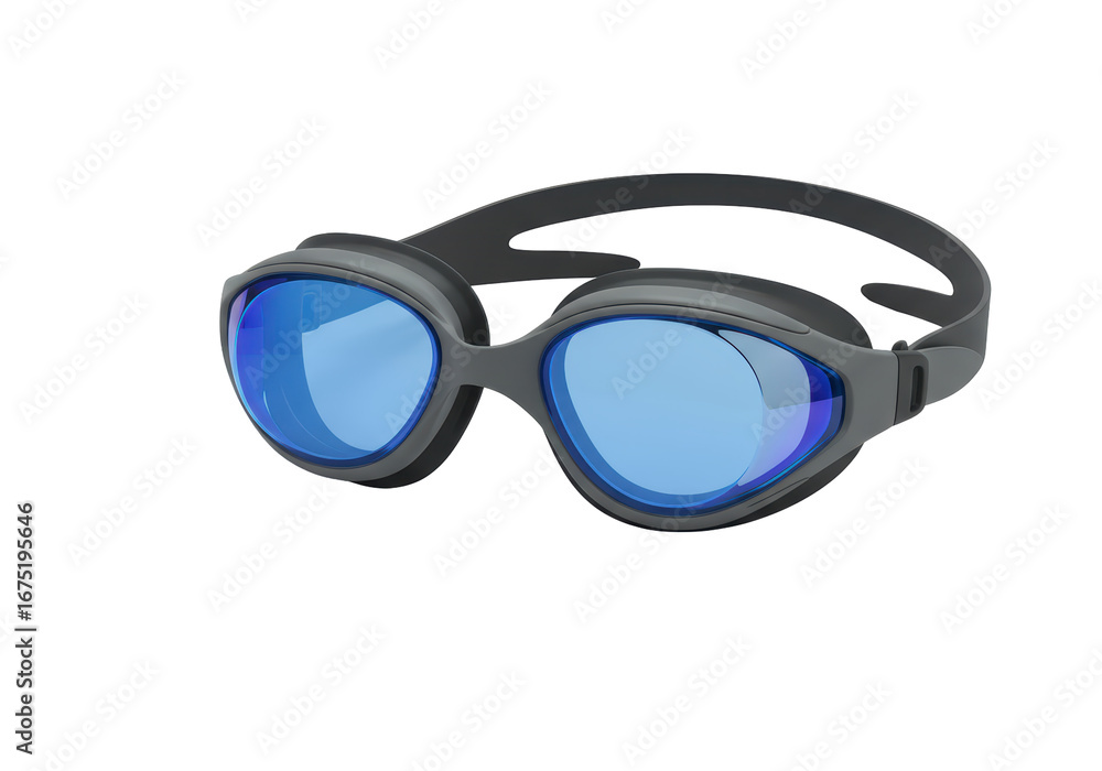Fototapeta premium Isolated clear swimming goggles with a reflective blue lens on neutral backdrop close-up