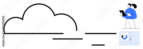 Large abstract cloud connected to a professional holding a tablet, data visuals below. Ideal for cloud computing, analytics, technology, innovation, remote work, IT solutions, simple landing page