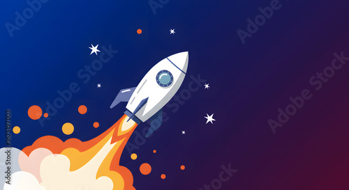 Rocket taking off in outer space with stars, illustration with space for text