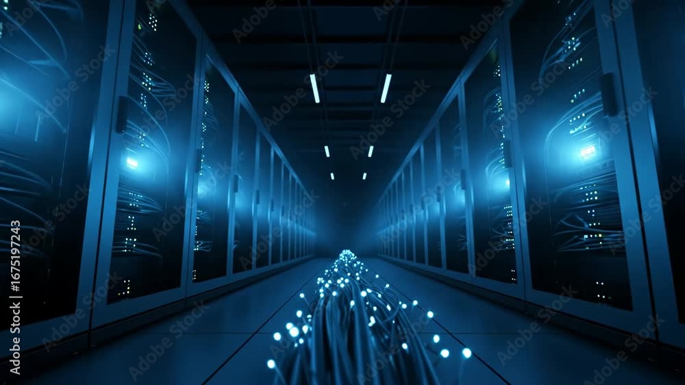 Glowing Data Center Servers and Fiber Optics - Rows of illuminated ...