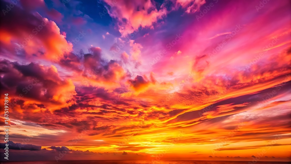 Obraz premium Vibrant Magenta Sunset Sky Illuminated With Soft Clouds and Orange Horizon Creating Dramatic Scene
