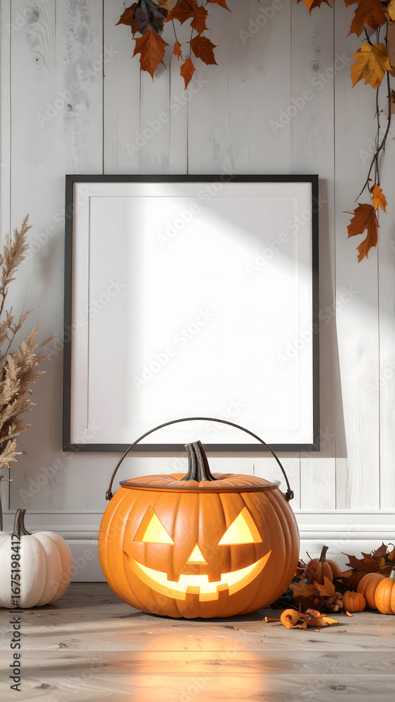 Obraz premium A glowing jack-o'-lantern sits beside a blank picture frame, decorated with autumn leaves.