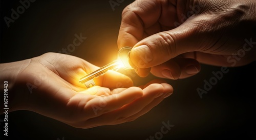 Wallpaper Mural Hand giving a glowing key of opportunity to another person's open hands Torontodigital.ca