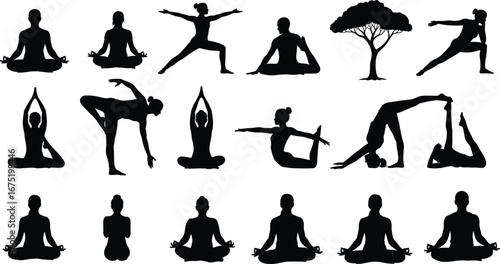 Yoga poses silhouette, meditation sitting, fitness stretching, mindfulness practice, healthy lifestyle, spiritual balance, relaxation posture, women men exercise, wellness body training