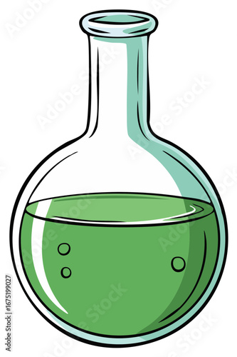 Glass laboratory flask with green liquid and bubbles for science experiments