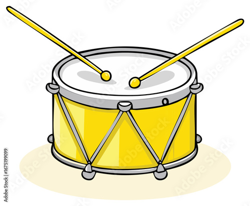 Bright yellow drum with drumsticks ready to play music
