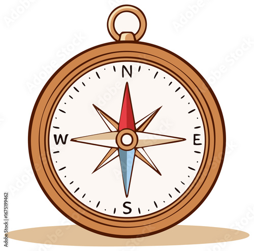 Illustrative Compass Navigation Tool Directing with Red and Blue Needle Showing North, South, East and West