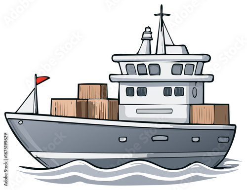 Cargo Ship at Sea, Illustration of Vessel Carrying Goods on Water, Shipping Industry Transporting Containers