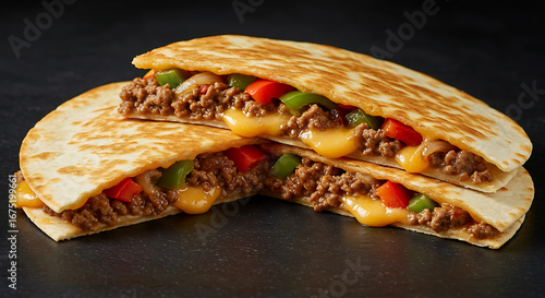 Beef quesadilla with seasoned ground beef, cheddar cheese, onions, and peppers