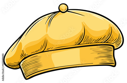 Classic golden yellow French beret hat illustration in a bold cartoon style