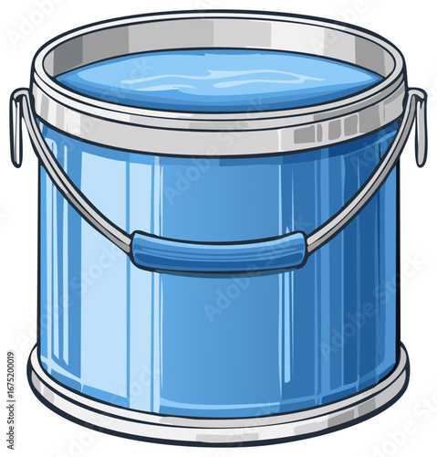 Blue bucket filled with clear water simple cartoon style illustration clean pristine