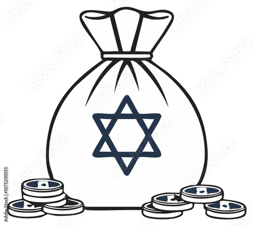 Bag of money with Star of David and coins, vector illustration