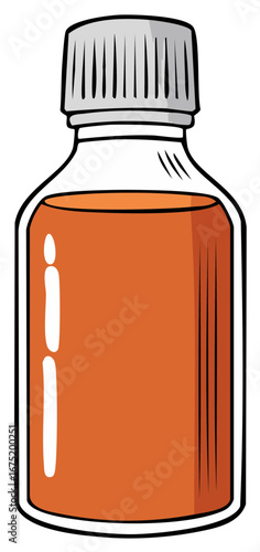 Bottle of Liquid Medicine or Vitamin Supplement with Silver Cap, Simple Line Art