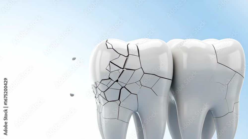 Debris Tooth Animation Cracked Tooth 3D Animation - Close-up view of a 3D animated model of a ...