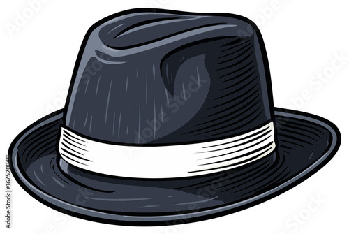 Classic retro fedora hat with white band, vintage gangster style men's fashion accessory illustration