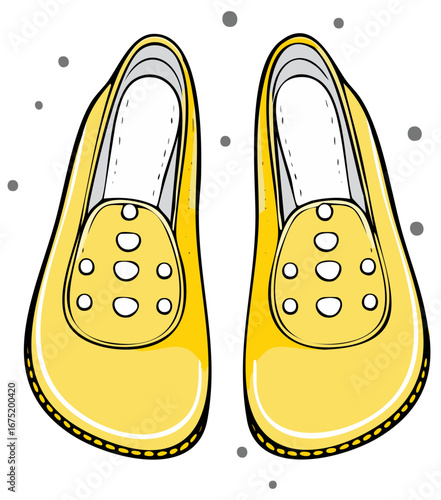 Hand-drawn vector illustration of cute yellow baby shoes for a newborn or toddler