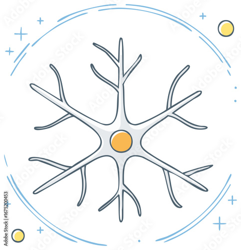 Stylized neuron cell illustration depicting brain and nervous system concept