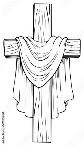 Symbolic wooden cross draped with a cloth in a simple line art style