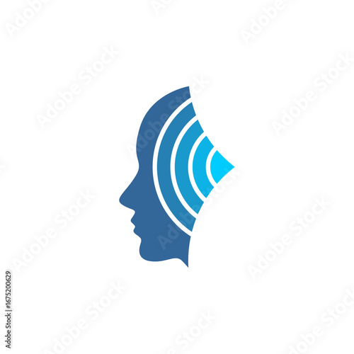 Abstract logo of a blue human head profile with concentric sound waves emanating from the ear.