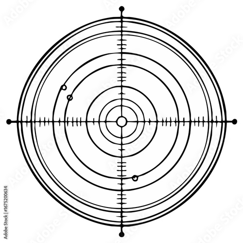 Monochrome radar screen display showing concentric circles and directional gridlines with echoes