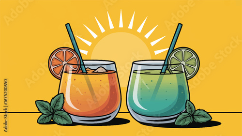 A digital illustration of two tropical cocktails against a bright yellow background with a stylized sun design 
