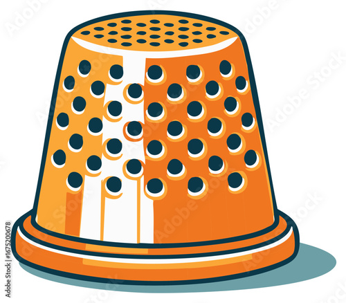 Orange Metal Thimble with Holes for Sewing and Needlework Projects. Protective Finger Cap Illustration