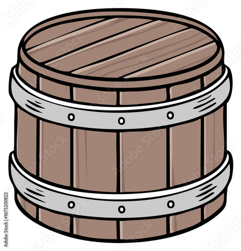 Cartoon Illustration of Closed Wooden Barrel with Metal Hoops container vessel