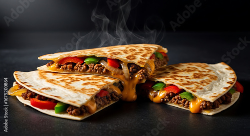 Beef quesadilla with seasoned ground beef, cheddar cheese, onions, and peppers