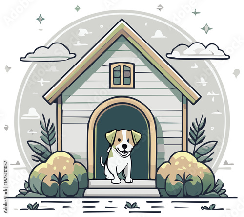 Cartoon Dog in Doghouse with Shrubs and Sky Design Element Pet Shelter Home