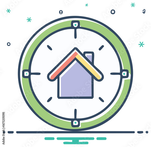House symbol within a circular timer or clock face representing real estate timing or home ownership deadlines