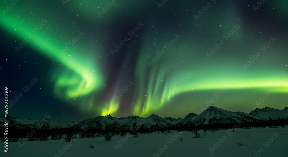 Naklejka premium Aurora borealis over snowy mountains