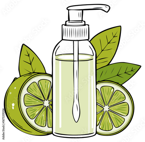 Illustration of a dispenser pump bottle with fresh green lime fruit and leaves