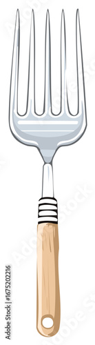 Shiny metallic five tine garden fork with rustic wooden handle and striped detail illustration